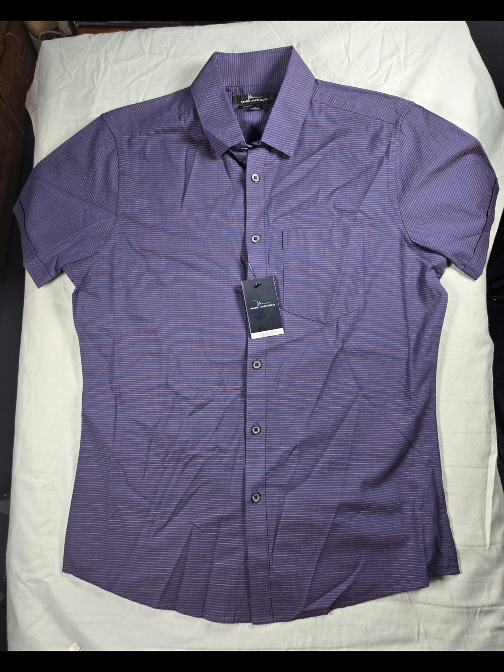 Marc Anthony Men's Short Sleeve Striped Button-Up Shirt S Purple Cotton Point